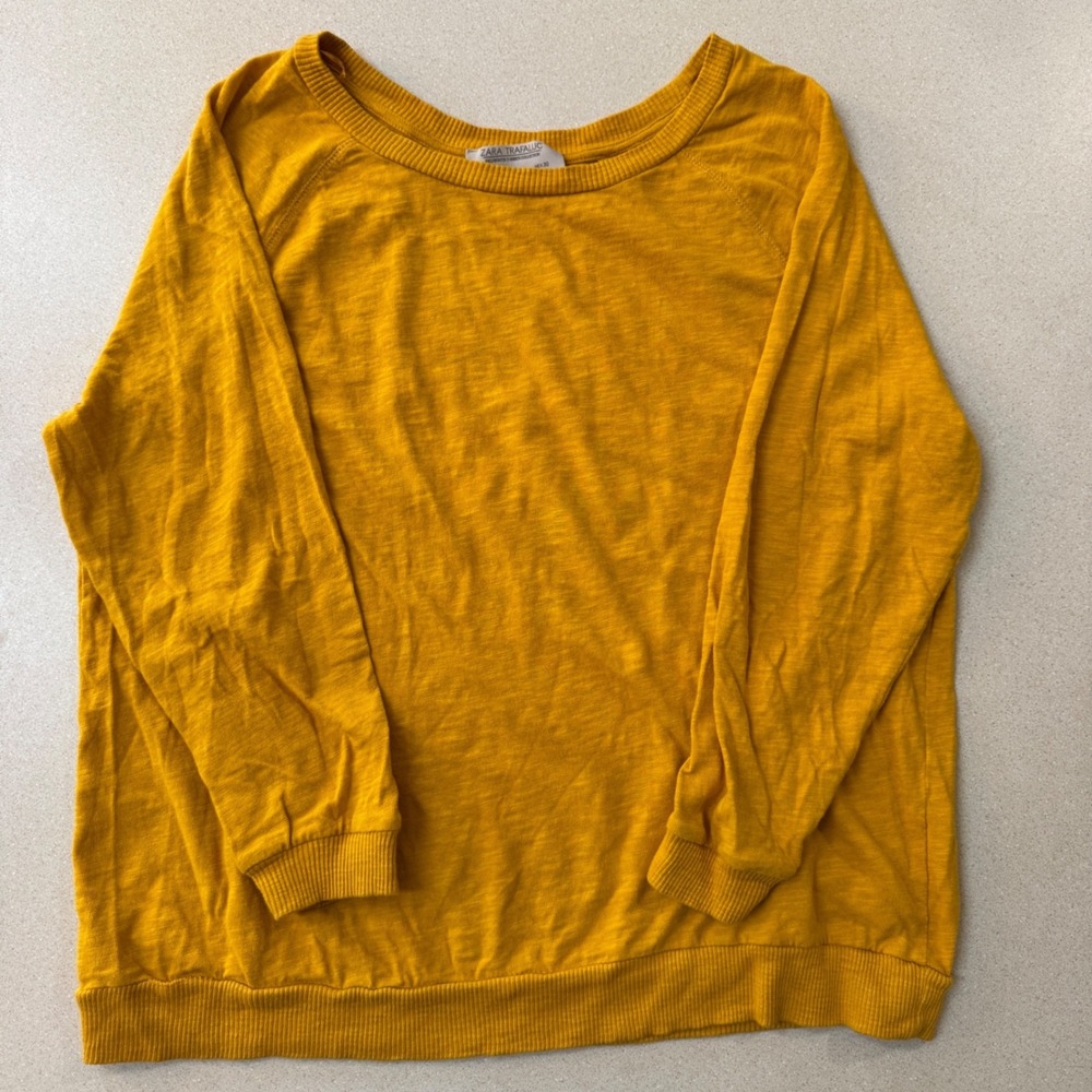 Zara Trafaluc Womens Mustard Yellow Cotton Slub Long Sleeve Top Large